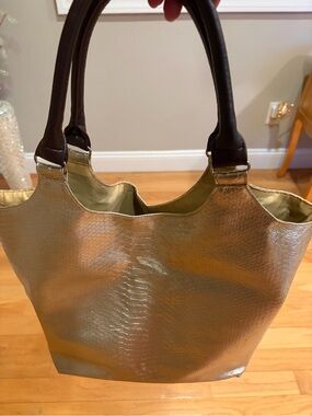 NEIMAN MARCUS Metallic Gold Snake-Embossed Tote with Dark Brown Handles